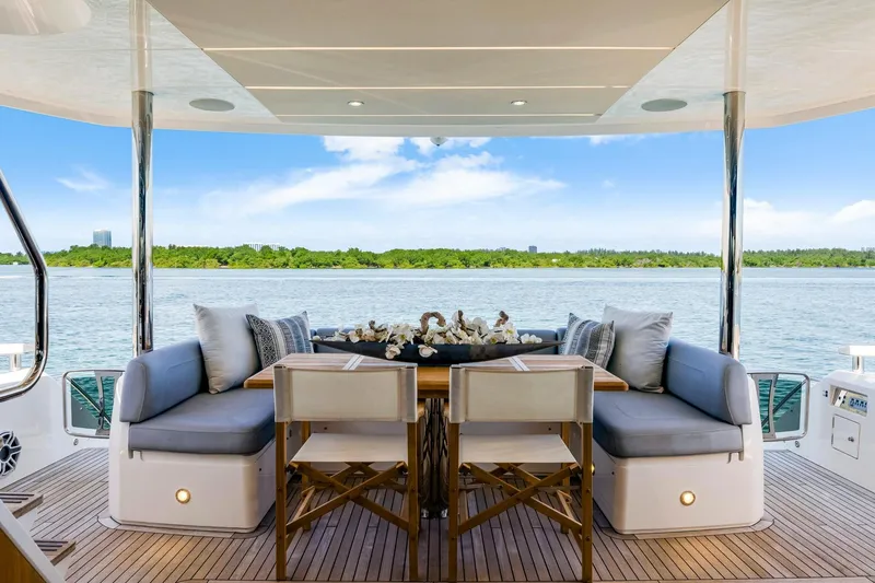  Yacht Photos Pics Luxurious 2021 Sunseeker 76 Yacht deck with elegant seating and scenic water view.