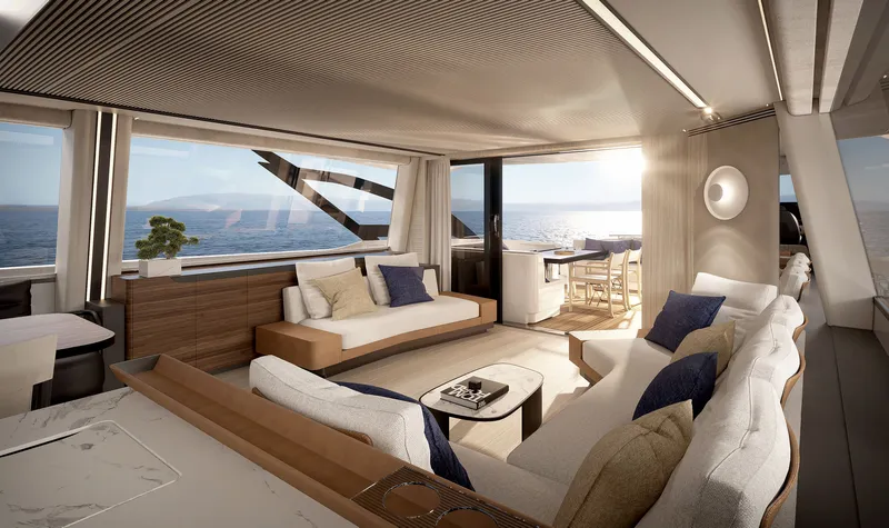  Yacht Photos Pics Luxurious interior of Azimut S8 yacht, 2026 model, with ocean view.