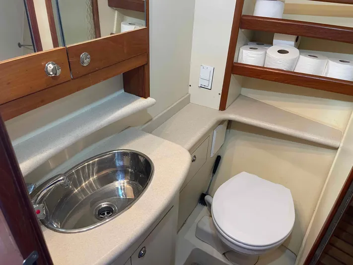 Sapphire Seas Yacht Photos Pics Bathroom interior of 2006 Hunter 45 Center Cockpit yacht with sink, toilet, and shelves.