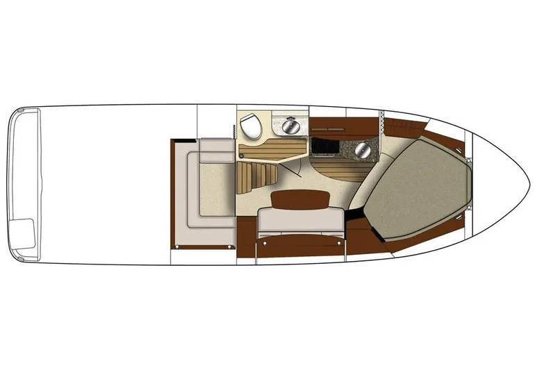 Luna Sea Yacht Photos Pics 2015 Sea Ray 310 Sundancer interior layout, featuring seating, kitchenette, and sleeping area.