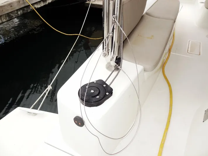 Shamwari Yacht Photos Pics Lagoon 46 catamaran deck detail, 2020 model, featuring seating and rigging components.