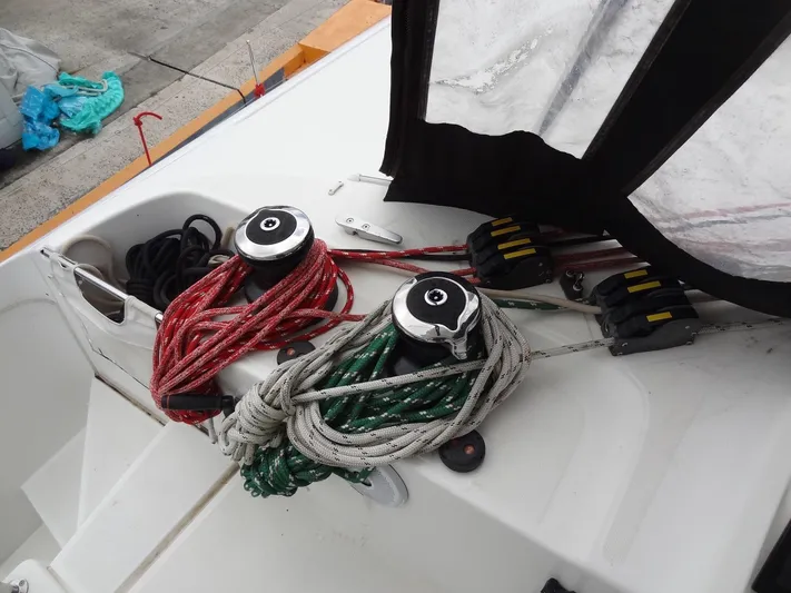 Shamwari Yacht Photos Pics Winches and ropes on a 2020 Lagoon 46 catamaran deck.