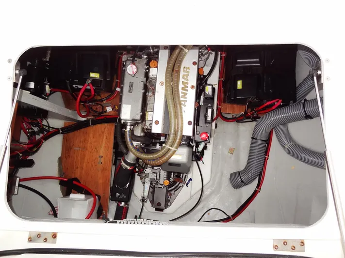 Shamwari Yacht Photos Pics Engine compartment of a 2020 Lagoon 46 catamaran, featuring Yanmar engine and wiring.