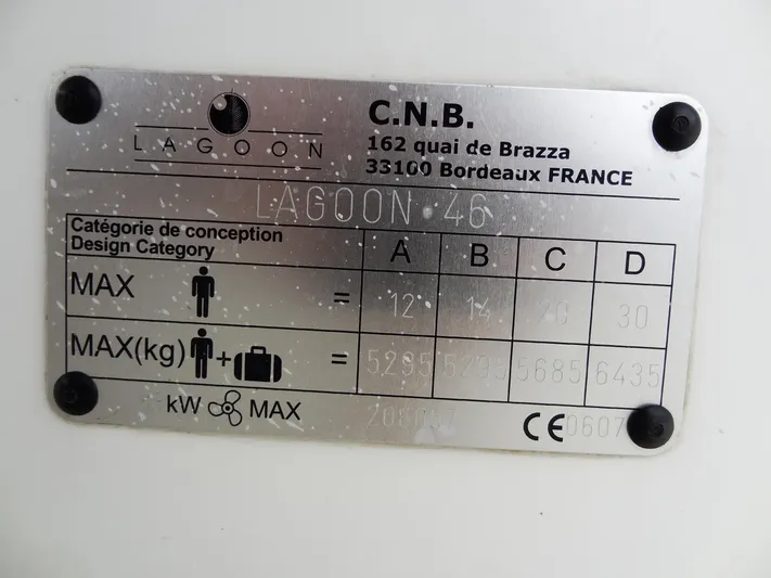 Shamwari Yacht Photos Pics Plaque of Lagoon 46 catamaran, design categories, weight limits, Bordeaux, France.