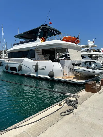  Yacht Photos Pics Luxury Sirena 68 yacht docked at marina, 2023 model, sunny day.