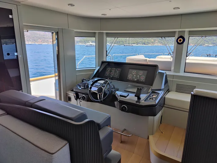  Yacht Photos Pics Interior helm of 2023 Sirena 68 yacht with modern navigation equipment and sea view.