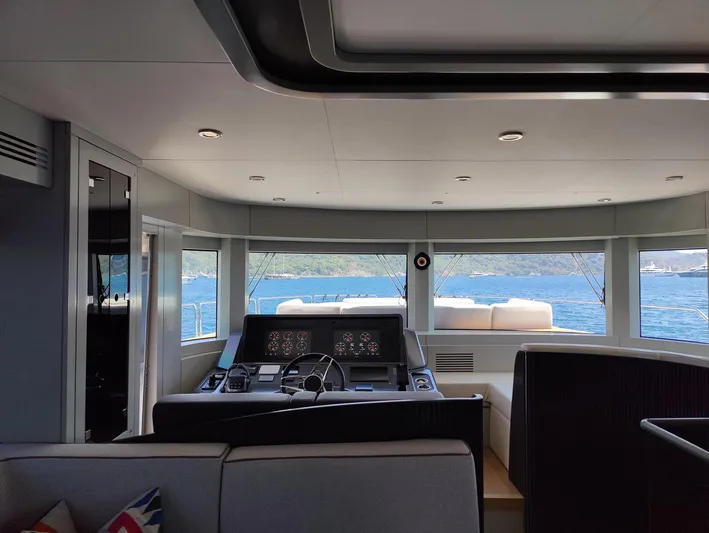  Yacht Photos Pics Interior view of 2023 Sirena 68 yacht with ocean backdrop.