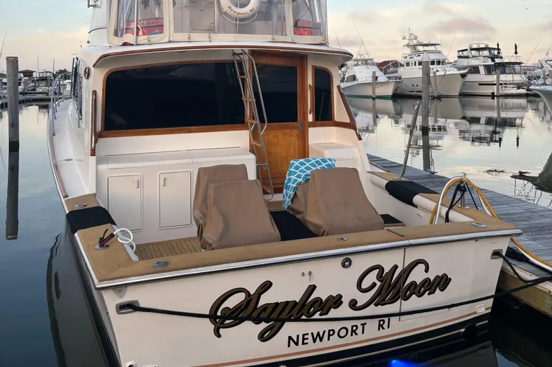 Saylor Moon Yacht Photos Pics 1990 Ocean Yachts 48 Super Sport docked, named "Saylor Moon," in Newport, RI marina.