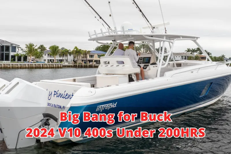  Yacht Photos Pics 2015 Intrepid 400 Cuddy boat on water, featuring 2024 V10 400s engines.