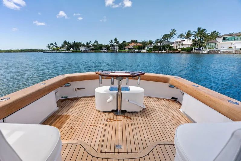 Let's Go Yacht Photos Pics 2018 Custom Carolina 35 Express boat deck with scenic waterfront view.