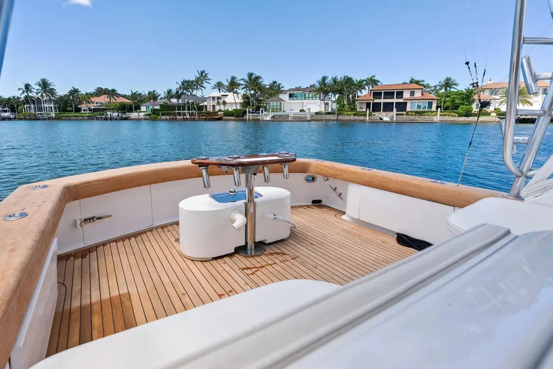 Let's Go Yacht Photos Pics 2018 Custom Carolina 35 Express boat deck with scenic waterfront view.