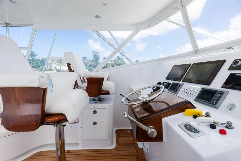 Let's Go Yacht Photos Pics Luxurious helm of 2018 Custom Carolina 35 Express yacht with modern controls and seating.