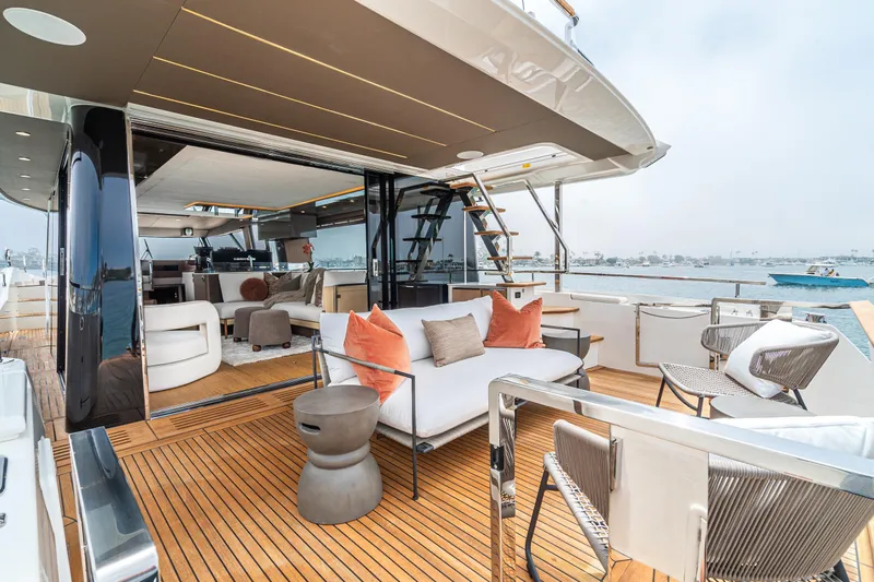  Yacht Photos Pics Luxurious 2024 Prestige X60 yacht deck with modern seating and ocean view.