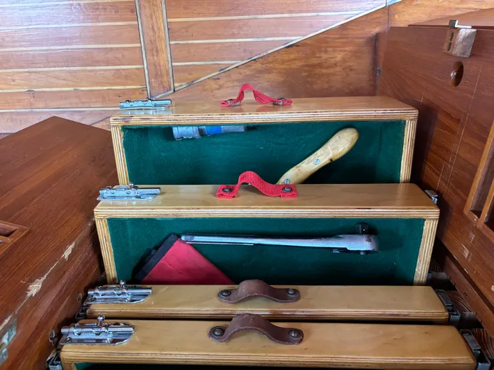 Colleen Yacht Photos Pics Wooden tool chest with green felt lining, containing various tools, Cambria 44/46 model, 1984.