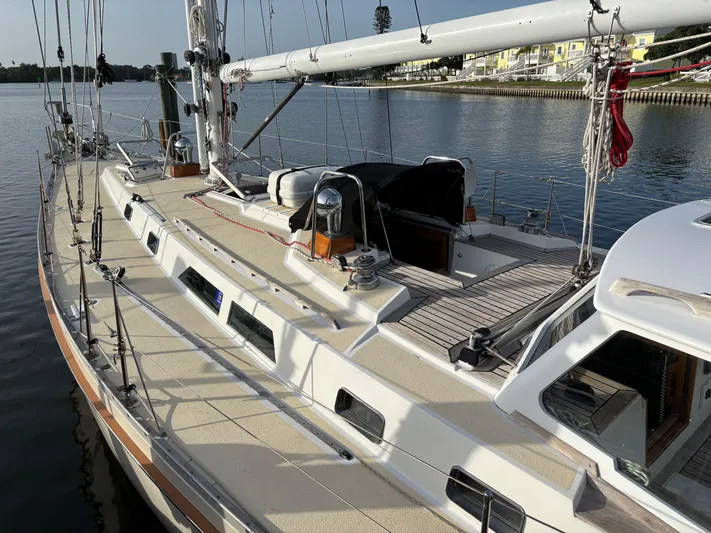 Colleen Yacht Photos Pics 1984 Cambria 44/46 sailboat docked, showcasing deck and rigging details.