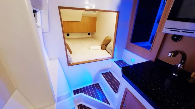  Yacht Photos Pics Modern Smart Cat S280 yacht interior with cozy cabin and ambient lighting, 2025 model.