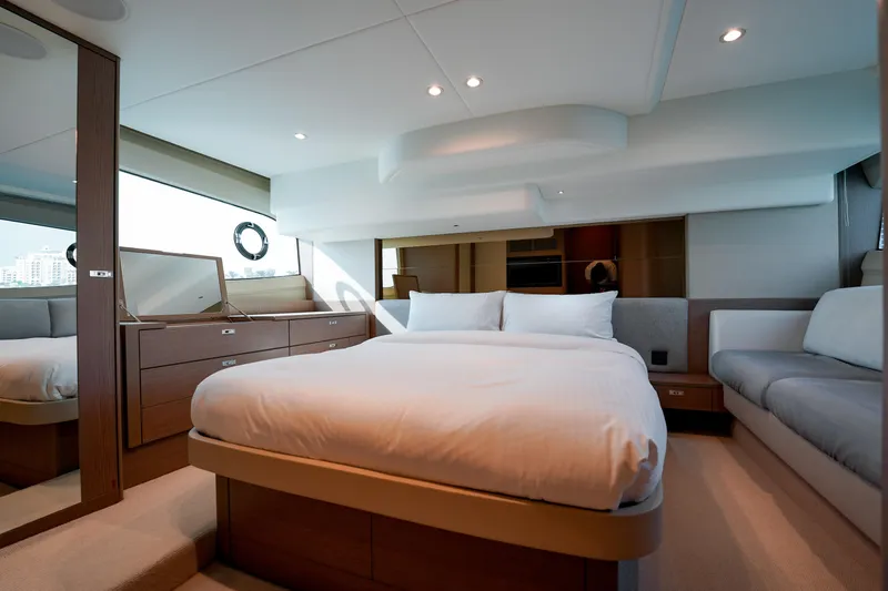 Princess F50 Model 2022 Yacht Photos Pics Luxurious 2022 Princess F50 yacht bedroom with modern design and elegant furnishings.