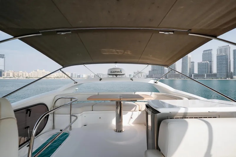 Princess F50 Model 2022 Yacht Photos Pics Luxurious 2022 Princess F50 yacht interior with city skyline view.