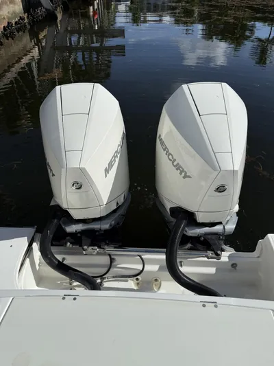 Yacht Photos Pics Twin Mercury outboard engines on a 2020 Boston Whaler 330 Outrage boat.