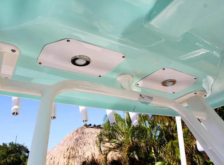  Yacht Photos Pics Robalo 272 boat roof detail, 2021 model, featuring built-in lights and rod holders.