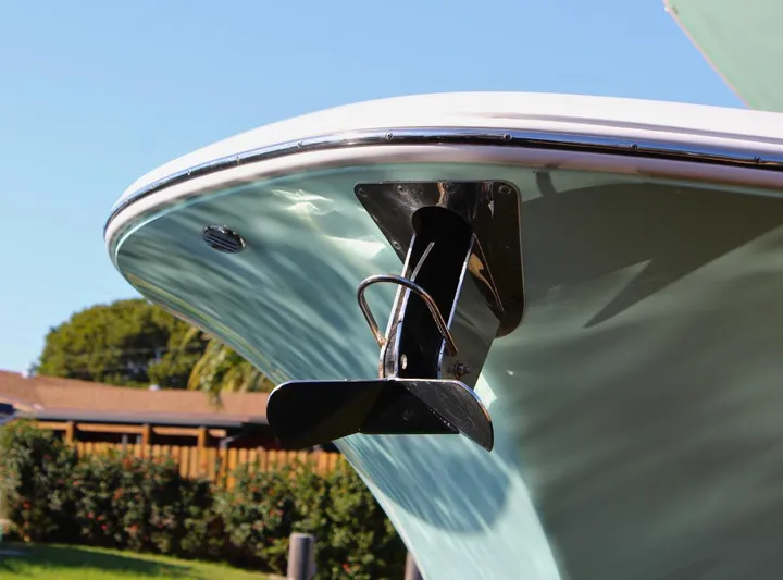  Yacht Photos Pics 2021 Robalo 272 boat bow with anchor, sunny day.