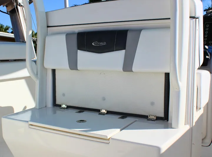  Yacht Photos Pics 2021 Robalo 272 boat interior seating and storage compartment.