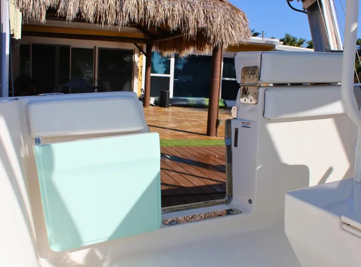  Yacht Photos Pics 2021 Robalo 272 boat interior with open door, tropical background.