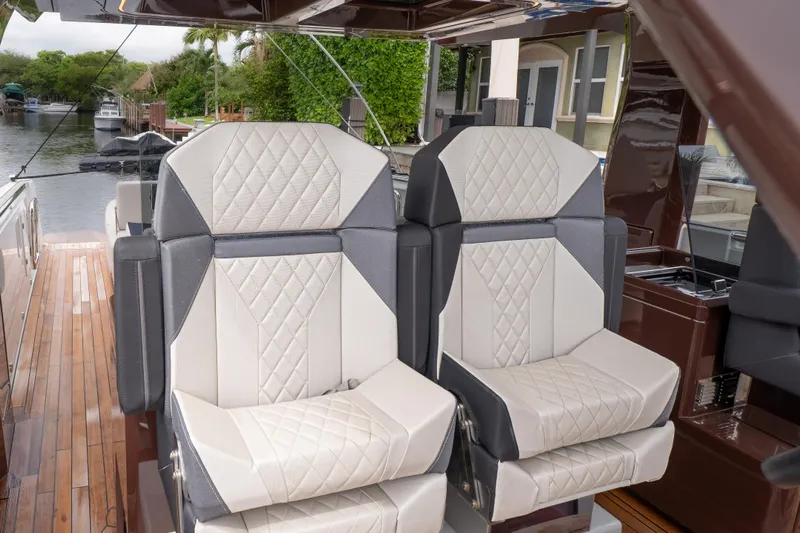  Yacht Photos Pics Luxurious seating on 2024 Fjord 41 XP yacht with elegant diamond stitching.