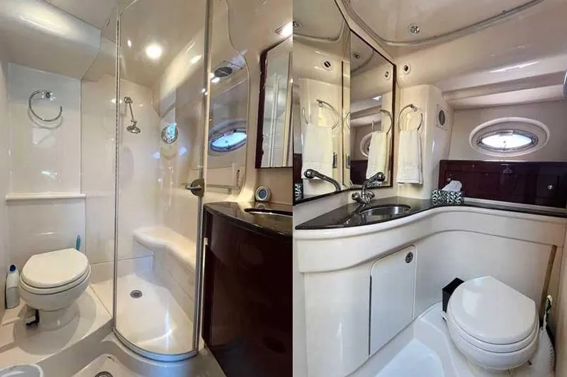  Yacht Photos Pics Luxurious bathroom interior of 2012 Meridian 441 Sedan yacht, featuring shower and vanity.
