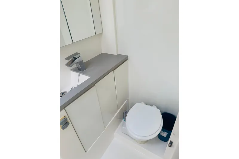 Stargazer Yacht Photos Pics Modern bathroom in 2017 Robertson and Caine Leopard yacht, featuring sleek fixtures and compact design.