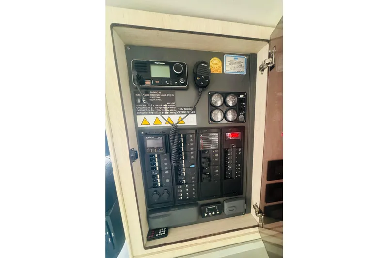 Stargazer Yacht Photos Pics Electrical control panel of a 2017 Robertson and Caine Leopard yacht.
