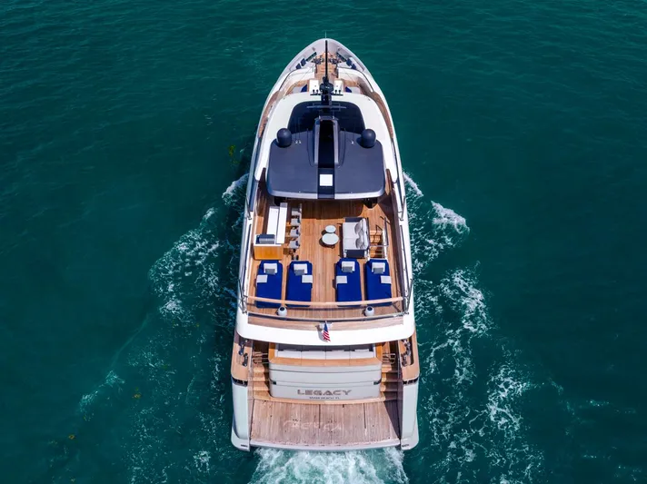 Legacy Yacht Photos Pics Sanlorenzo SD96 2022 yacht cruising on open water, aerial view.