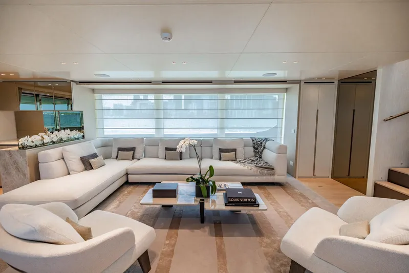 Legacy Yacht Photos Pics Luxurious interior of 2022 Sanlorenzo SD96 yacht with elegant seating and modern decor.