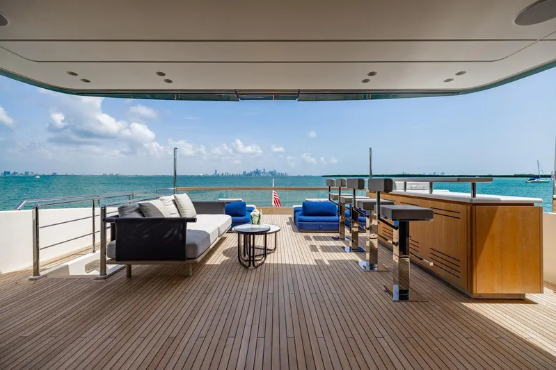 Legacy Yacht Photos Pics Luxurious 2022 Sanlorenzo SD96 yacht deck with seating, bar, and ocean view.
