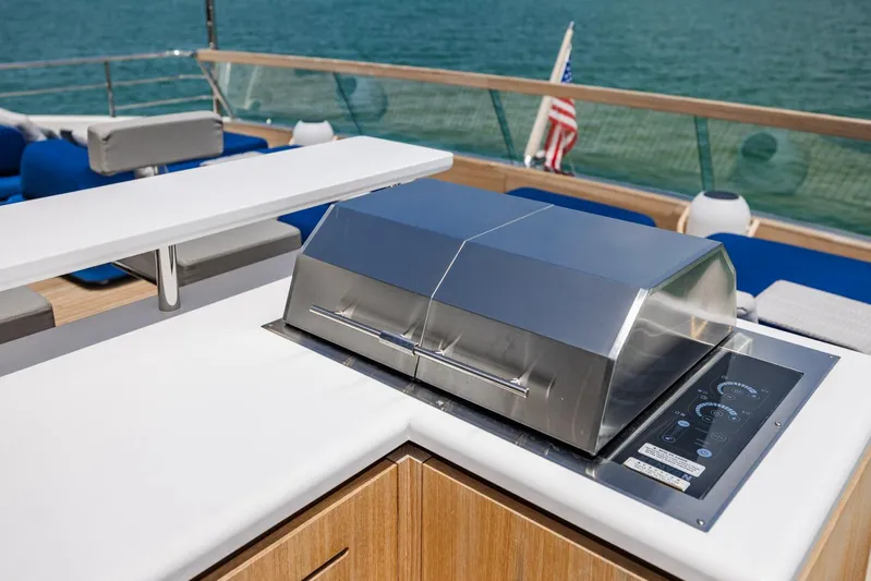 Legacy Yacht Photos Pics Outdoor grill on Sanlorenzo SD96 yacht, 2022 model, with ocean view.