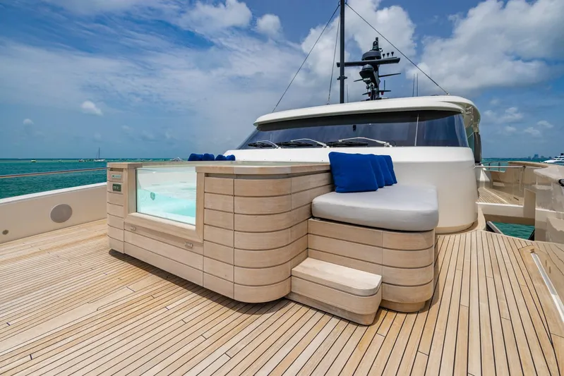 Legacy Yacht Photos Pics Luxurious 2022 Sanlorenzo SD96 yacht deck with jacuzzi and seating, under a clear blue sky.