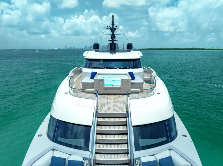 Legacy Yacht Photos Pics Luxurious 2022 Sanlorenzo SD96 yacht with jacuzzi, cruising on turquoise waters under a blue sky.