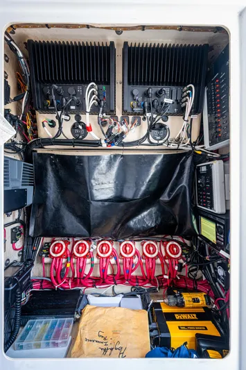 The Hogfather Yacht Photos Pics Electrical system setup in a 2015 Bahama 41 boat, featuring wiring and equipment.