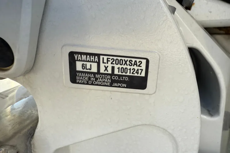  Yacht Photos Pics Label on Yamaha motor, model LF200XSA2, made in Japan, on 2024 Regal LX9.