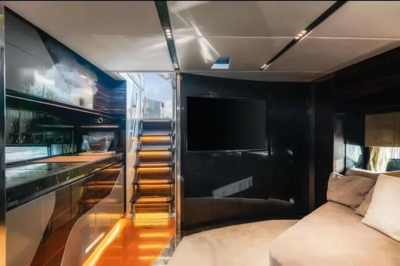 Lamborghini Tecnomar Yacht Photos Pics Luxurious interior of 2017 Tecnomar 55 Evo yacht with modern design and cozy seating.