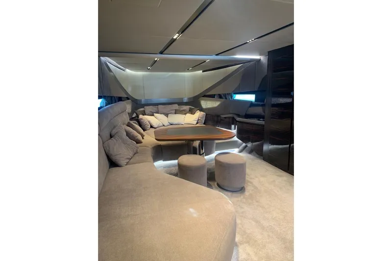 Lamborghini Tecnomar Yacht Photos Pics Luxurious interior of 2017 Tecnomar 55 Evo yacht with plush seating and modern design.