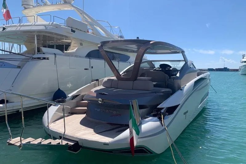 Lamborghini Tecnomar Yacht Photos Pics Luxury Tecnomar 55 Evo yacht, 2017 model, docked in a sunny marina.