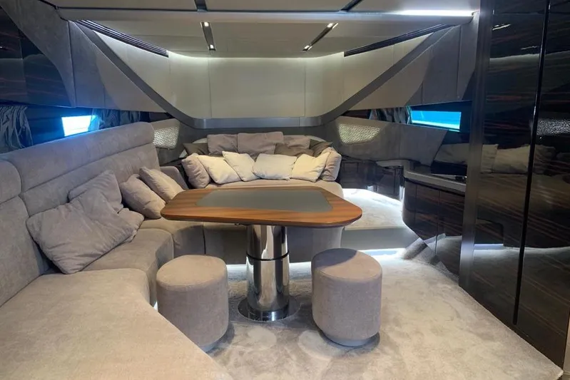 Lamborghini Tecnomar Yacht Photos Pics Luxurious interior of 2017 Tecnomar 55 Evo yacht with plush seating and modern design.