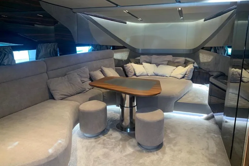 Lamborghini Tecnomar Yacht Photos Pics Luxurious interior of 2017 Tecnomar 55 Evo yacht with plush seating and modern design.