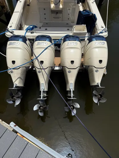 Reel Patience Yacht Photos Pics 2019 Scout 420 LXF boat with four powerful 350 horsepower outboard engines.