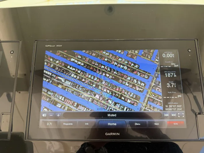 Reel Patience Yacht Photos Pics Garmin GPS display on 2019 Scout 420 LXF boat, showing a detailed nautical map.