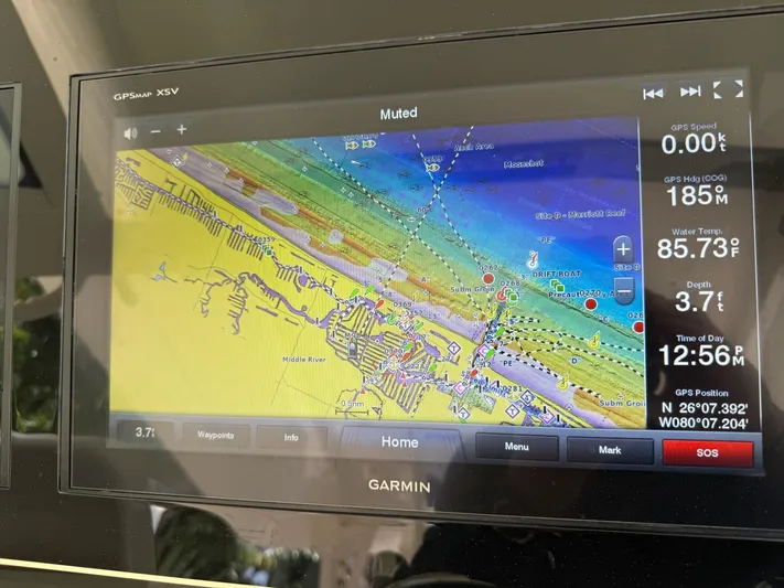 Reel Patience Yacht Photos Pics Garmin GPS display on 2019 Scout 420 LXF showing nautical map and navigation data.
