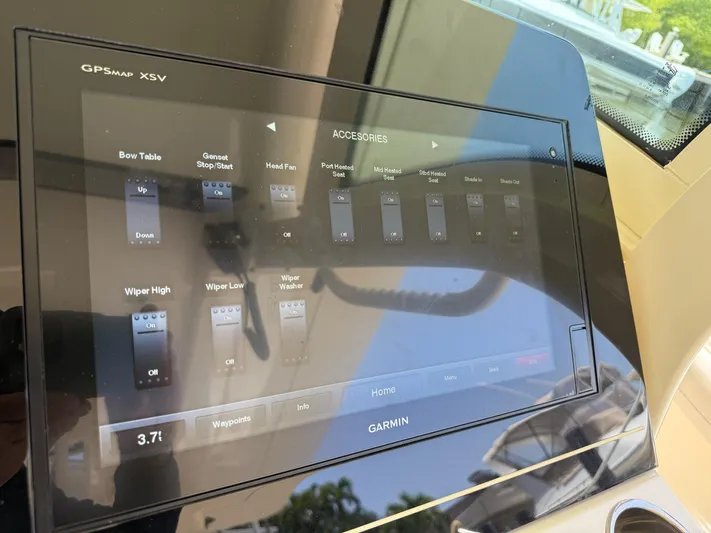Reel Patience Yacht Photos Pics Garmin GPSMap XSV display on 2019 Scout 420 LXF boat dashboard.