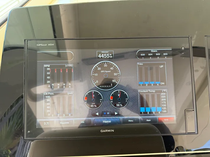 Reel Patience Yacht Photos Pics Garmin GPS display on 2019 Scout 420 LXF showing speed, RPM, and engine metrics.