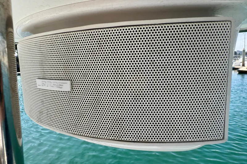 Nereid Yacht Photos Pics Outdoor speaker on a 2020 Catalina 425 sailboat, near water.